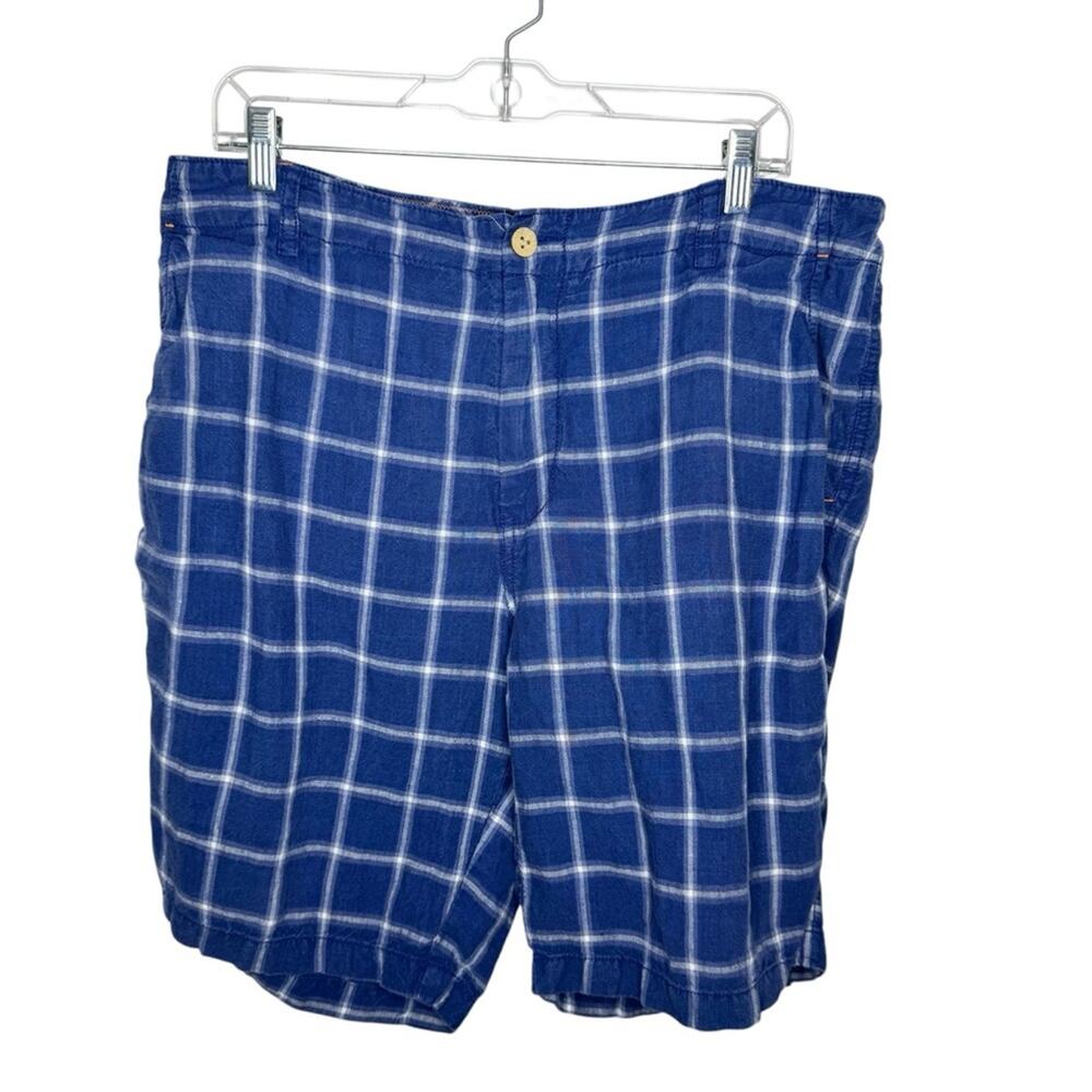 TOMMY BAHAMA / Relax blue check plaid 100% linen 10” shorts / 36